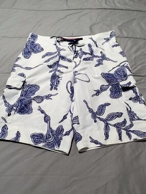 Diesel White Cargo Swim Shorts with Navy Floral Print